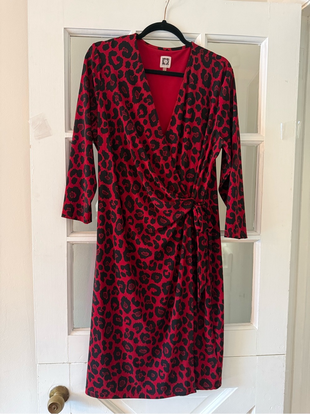 Anne Klein Red Black Leopard Faux Wrap Dress Tie Waist XL